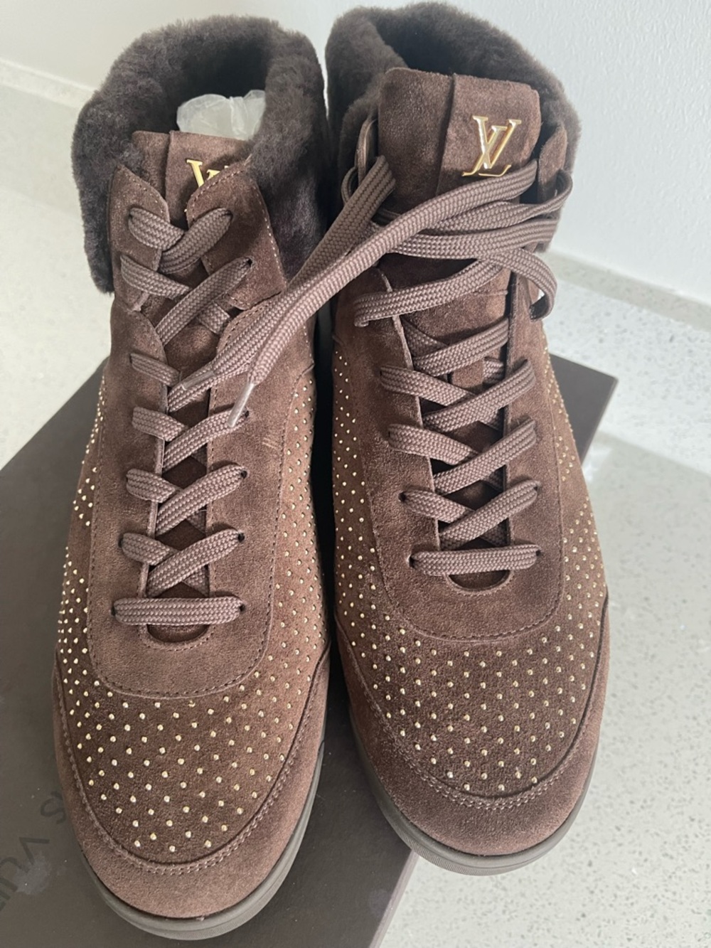 Louis Vuitton Women Sneaker Boot Chocolate Brown Suede Studded High-Top Sneakers